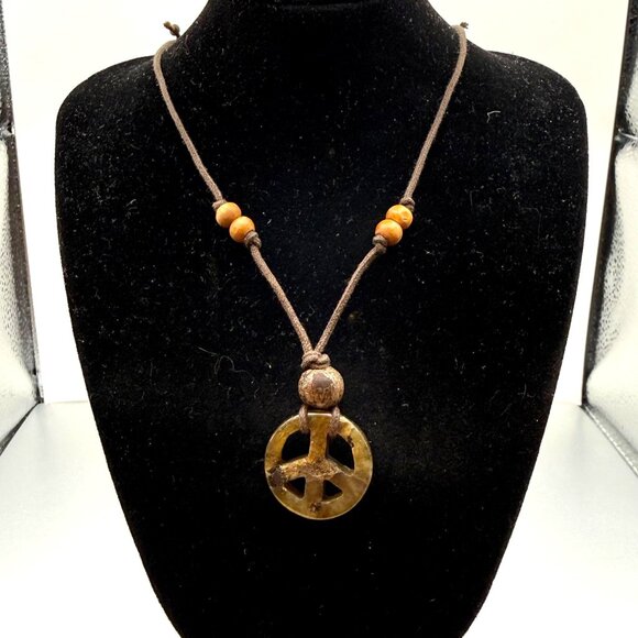 Rustic Peace Sign Pendant Necklace on Adjustable Cord with Wood Beads - Picture 1 of 5